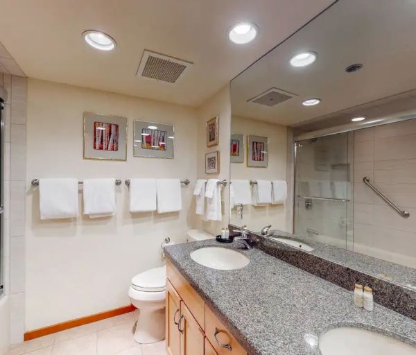 This image shows a bathroom with a large mirror, double sink, glass-enclosed shower, toilet, and several towels hanging on the wall.