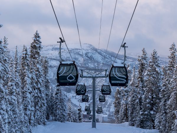 A snow-covered landscape with ski gondolas suspended on cables, surrounded by snow-laden trees, and mountains in the background, labels showlift.